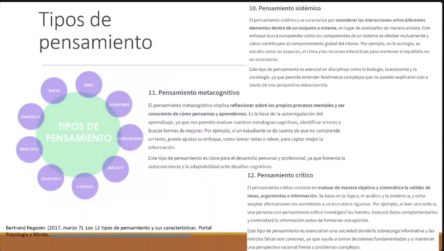 Lámina 1 de 11. Tipos de pensamiento. Lámina de apertura que muestra la rueda de tipos de pensamiento de Bertrand Regader junto a las definiciones de los tres que interesan al curso: sistémico (10), metacognitivo (11) y crítico (12).