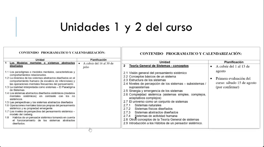 Lámina 1 de 16. Unidades 1 y 2 del curso. Enfrenta las dos tablas de contenido programático y calendarización: a la izquierda la unidad 1, «Los Modelos mentales o sistemas abstractos diseñados», con los temas 1.1 a 1.8 a cubrir del 16 al 30 de julio; a la derecha la unidad 2, «Teoría General de Sistemas - conceptos», con los temas 2.1 a 2.9 a cubrir del 1 al 13 de agosto y la primera evaluación del curso anunciada para el sábado 15 de agosto, por confirmar.