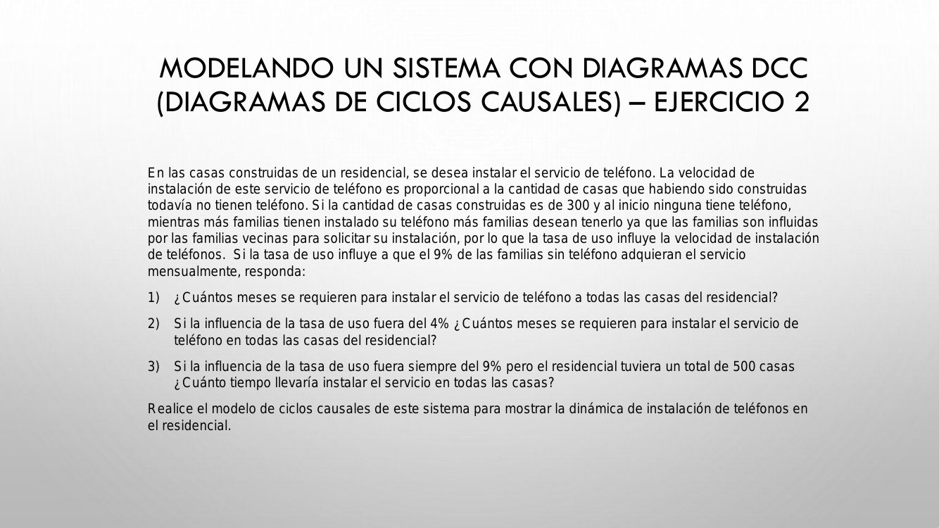Modelando un sistema con diagramas DCC (diagramas de ciclos causales): ejercicio 2. Los teléfonos del residencial: 300 casas, el 9 % de las que no tienen teléfono lo instala cada mes; ¿cuántos meses para todas, con el 4 % y con 500 casas?