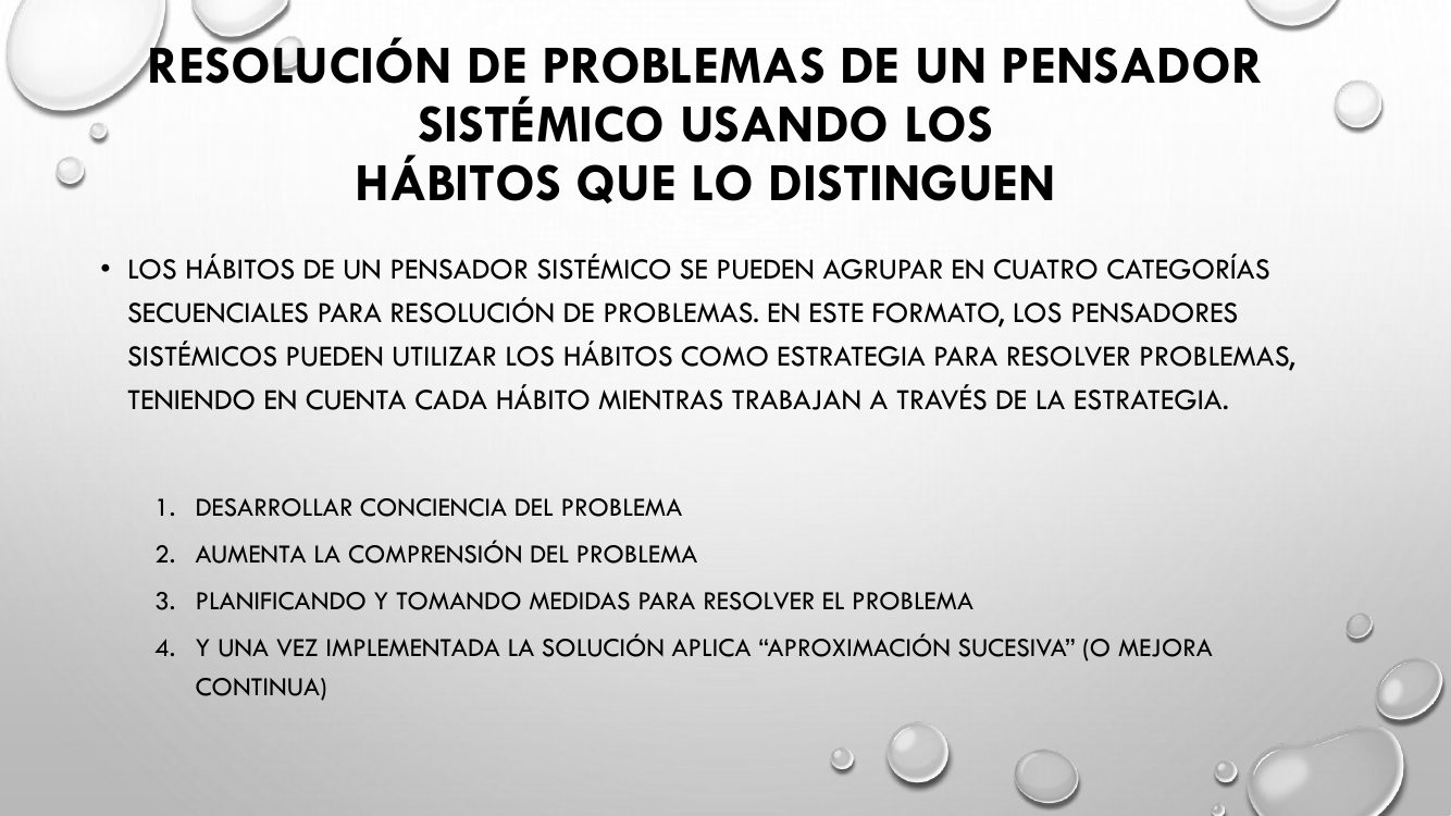 Resolución de problemas de un pensador sistémico usando los hábitos que lo distinguen. Las cuatro categorías secuenciales para resolver problemas con los hábitos.